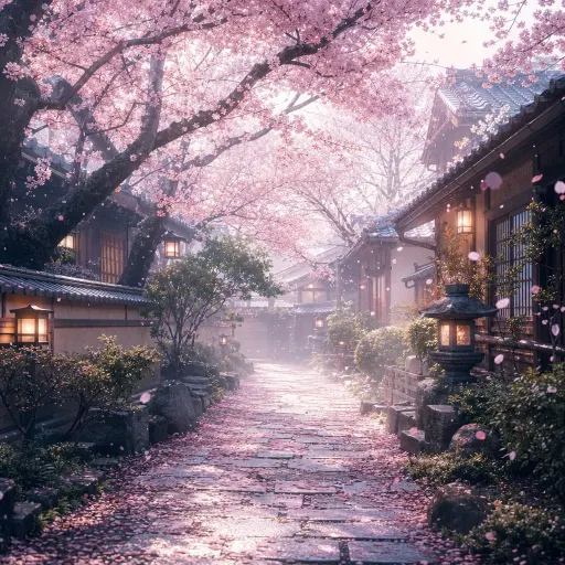 春天的樱花小路，花瓣轻轻飘落，清晨柔和的光线，日式庭院美学，唯美浪漫