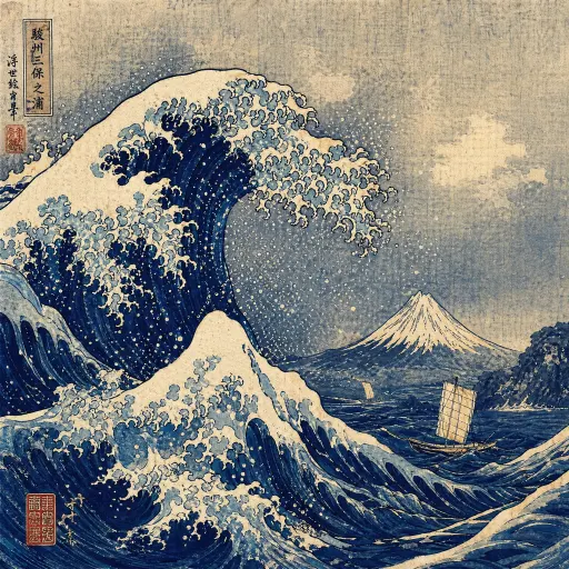 浮世绘风格的巨浪，类似神奈川冲浪里，富士山背景，传统木版画质感，深蓝色调
