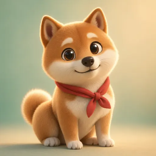 一只柴犬幼崽的 3D Pixar 风格角色，3/4 正面视角，柔和电影感顶光，背后暖色轮廓光。略夸张