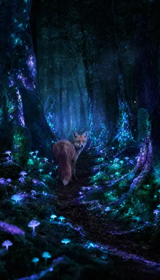 一条狭窄的森林小径在夜晚被生物荧光蘑菇和发光苔藓照亮，沿着树干和地面蔓延。冷青色与电光紫的光线在迷雾