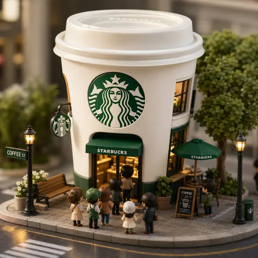 一座 3D Q 版微缩概念店：星巴克。店面外观从该品牌最具代表性的产品中获取灵感——把巨型咖啡杯做成
