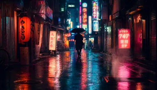 一条狭窄的东京小巷夜景，下着雨。日文霓虹招牌（拉面、居酒屋、卡拉OK）在湿漉漉的路面上反射出粉红、青