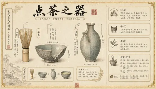 请生成一张「博物馆图鉴式中文拆解信息图」，主题是「宋代点茶」。米白做旧底，金色细边框，左侧大幅手绘剖