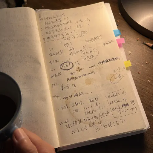 超写实手机随手拍：一本笔记本摊开的页面，字迹潦草凌乱，有涂改划线、咖啡渍、彩色便利贴。光线是台灯打下