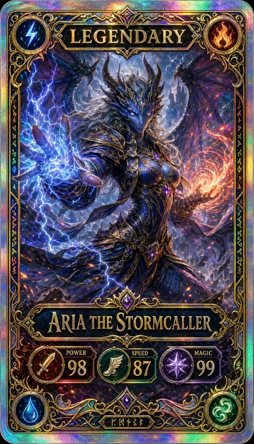 A premium holographic trading card, vertical 3:4 l