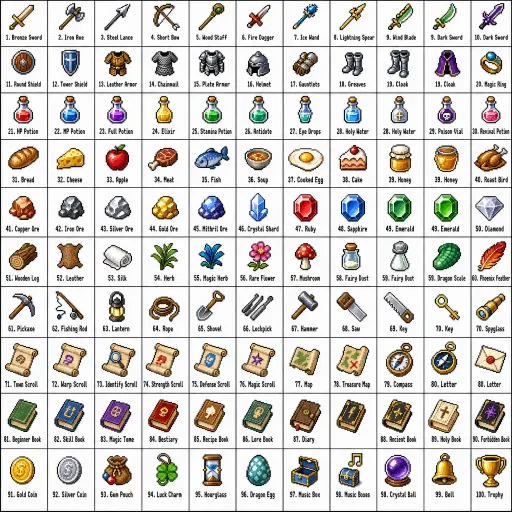 Generate a grid of 100 unique pixel art items with