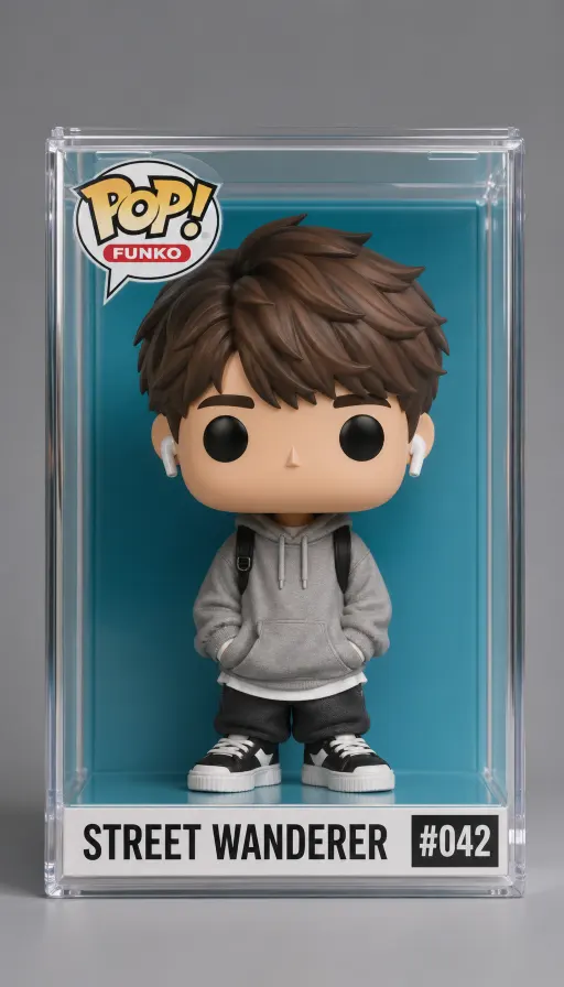 经典 Funko Pop 风格的 3D 渲染 Q 版公仔：方形大头身比，身穿 oversized 灰