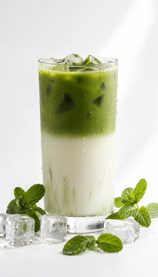一杯高玻璃杯装冰抹茶拿铁，绿茶与牛奶分层清晰，杯壁挂满晶莹水珠凝结。杯底周围散落新鲜薄荷叶和方形冰块