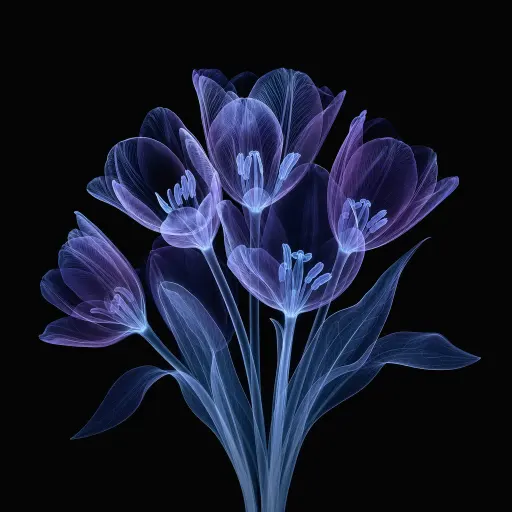 X 光风格图像：一束郁金香的内部，花瓣脉络呈生物荧光蓝紫色，深黑背景，幽光氛围，半透明感，如同自然历