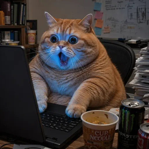 一只胖到极致的橘猫坐在办公桌前，前爪搭在键盘上，瞪着圆滚滚的大眼睛盯着笔记本电脑屏幕，嘴张成 O 型