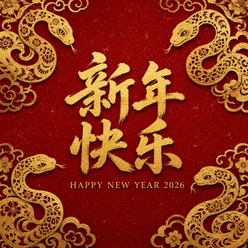 浓郁红色背景，金色剪纸风蛇形装饰盘绕四角，中央金色书法「新年快乐」，下方较小英文 "HAPPY NE