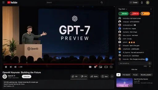 YouTube livestream screenshot,画面是 OpenAI 的发布会，Sam 