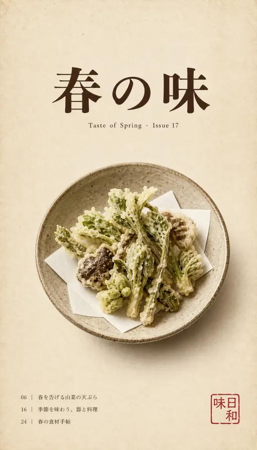 日式料理杂志封面排版，2:3 竖比例。米黄做旧底色，深棕色衬线粗体日文主标题「春の味」居中偏上，下方