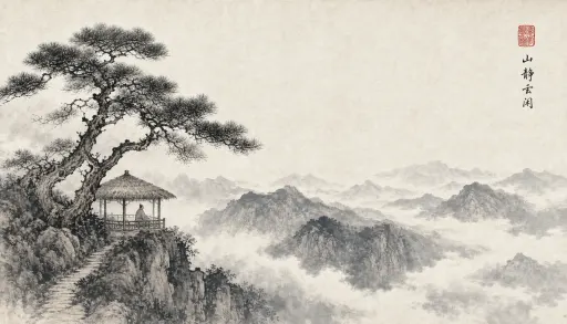 中国传统水墨山水画风格：远山如黛、云雾缭绕，近处一棵苍劲松树立于悬崖边，松针笔触细腻有力。山脚下隐约