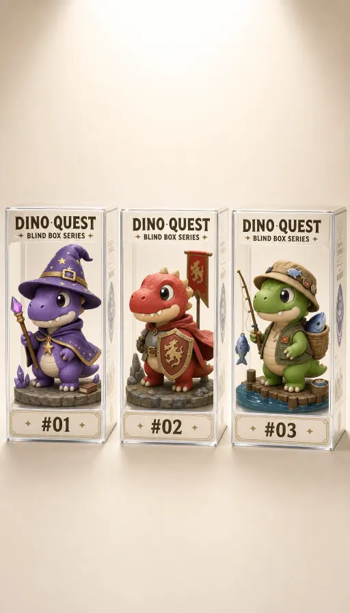 三只 3D Q 版小恐龙公仔并排展示，每只装在独立透明亚克力盲盒里：左侧紫色魔法师恐龙戴尖角帽举着小