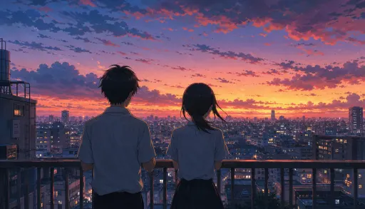 新海诚动画电影风格的画面：一对穿着学生制服的少年少女并肩站在学校天台栏杆前，背对镜头远眺黄昏天空。云