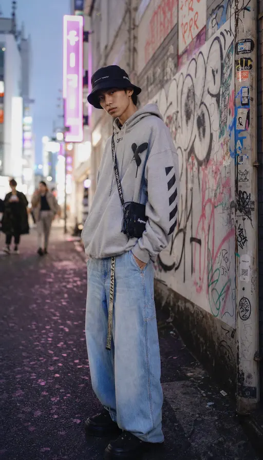 街头时装大片：一位身穿 oversized 灰色卫衣 + 浅蓝阔腿牛仔裤 + 黑色厚底运动鞋的亚洲青