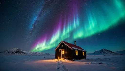 一座孤立在冰岛雪原上的红顶黑色小木屋，黄色窗光在雪地里投出温暖的方形光斑。头顶是流动的青绿色与品红色